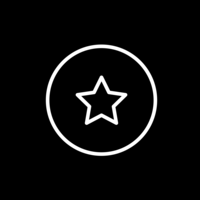 White pictogram of a star symbol inside a circle on black background.