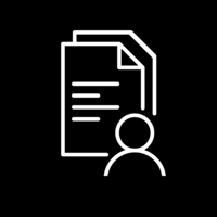 White pictogram of two overlapping documents with a stylized person in front on black background.