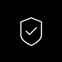 White pictogram of a shield with a hook in the center on black background.