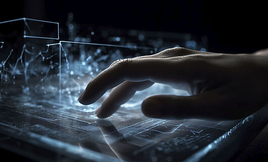Person typing on a futuristic glowing ai-generated computer.