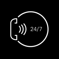 White pictogram of a circle with a phone and signal waves on the left side and the label “24/7” inside the circle on black background.