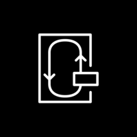 White pictogram of a rectangular frame with an oval shape and two arrows inside, plus a small rectangle on the right side, on black background.