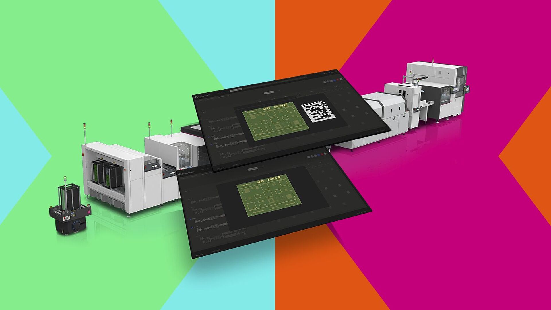 Two screens with a circuit board in the center; a line of machines in the background.