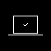 White pictogram of an open laptop with a check mark in the center on black background.