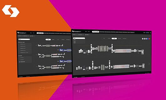 Two screens on orange and magenta backgrounds.