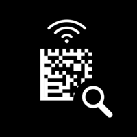 White pictogram of a QR code with a Wi-Fi symbol above and a magnifying glass in front on black background.