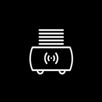 Weißes Piktogramm eines Wagens mit mehreren horizontalen Linien darauf und einem Symbol für drahtlose Verbindung in der Mitte auf schwarzem Hintergrund.