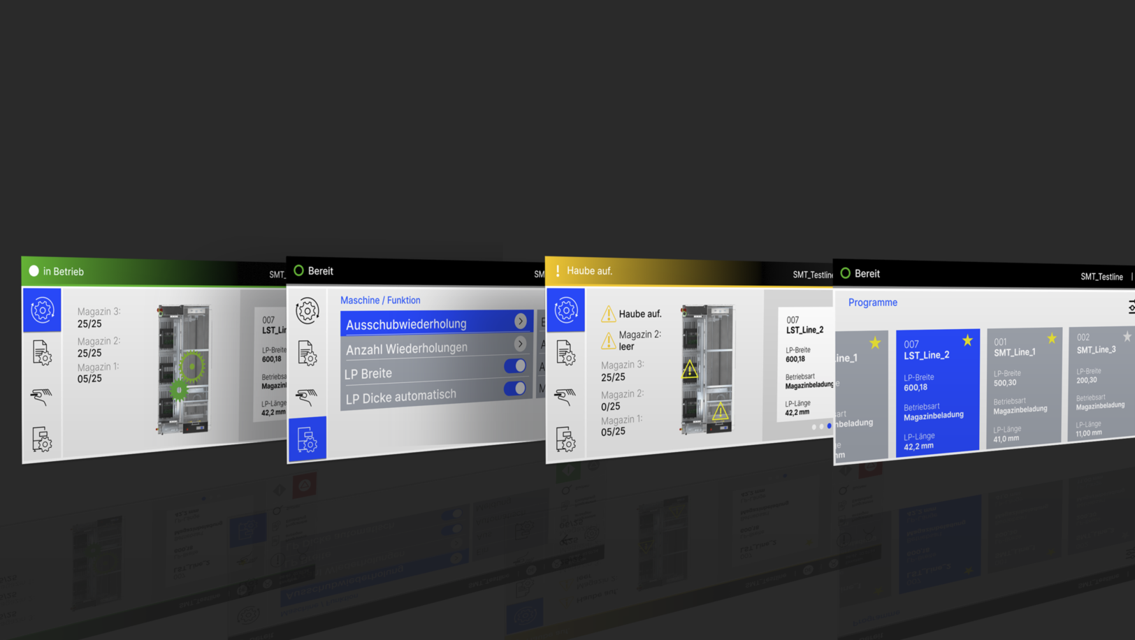 Vier Screenshots einer Handling Software nebeneinander.
