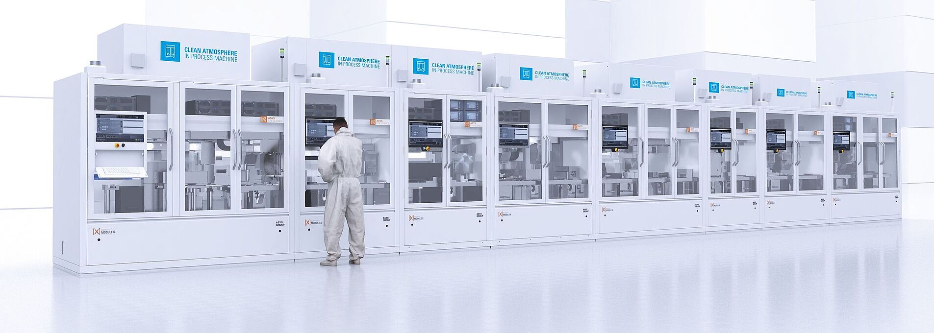 Cleanroom cabin line with a man in laboratory clothing standing in front of it.
