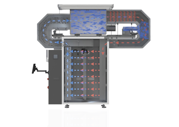 Rendering of a top view of a cleanroom machine. The internal process is represented by red and blue arrows.
