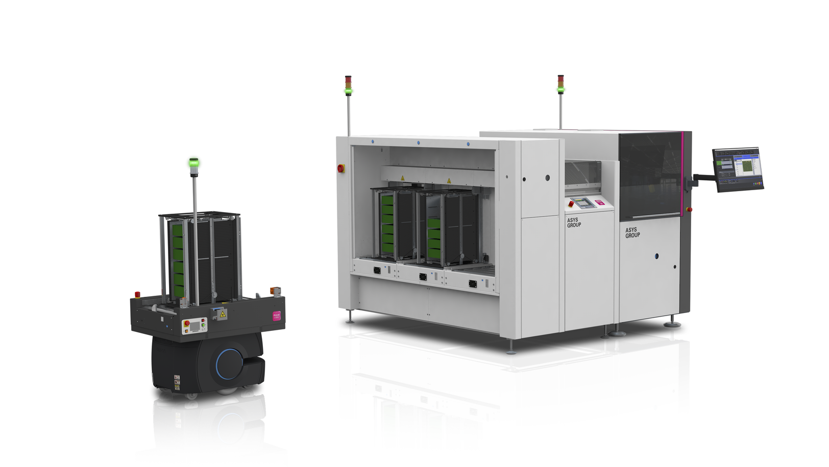 Laser Maschine und Transportmodul.