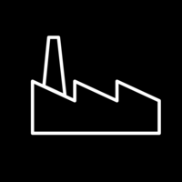 White pictogram of a factory with a jagged roof and a chimney on black background.