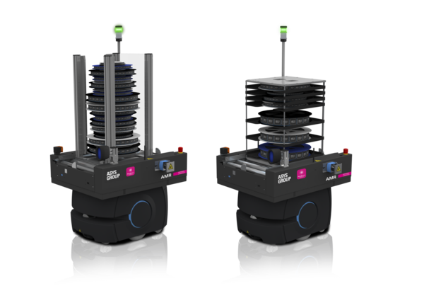 Zwei AMRs mit Reel Containern.
