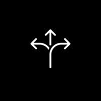 White pictogram of an arrow splitting in the middle into three directions: upward, right and left, on black background.