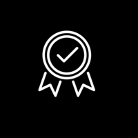 White pictogram of a medal with a check mark in the center on black background.