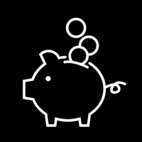 White pictogram of a piggy bank with three coins falling from above on black background.