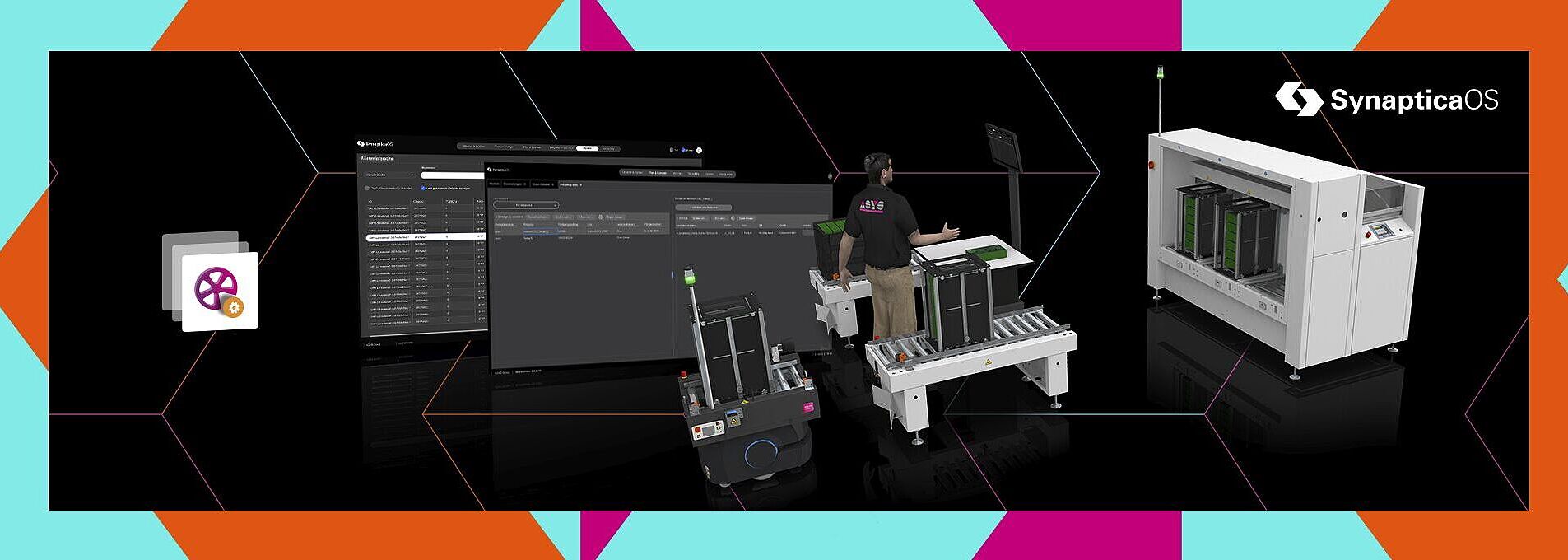 Two screens next to an AMR, a man standing between two handling machines.