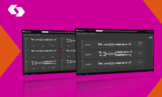 2 screens of the SynapticaOS software on magenta/orange background. White SynapticaOS logo in the top left corner