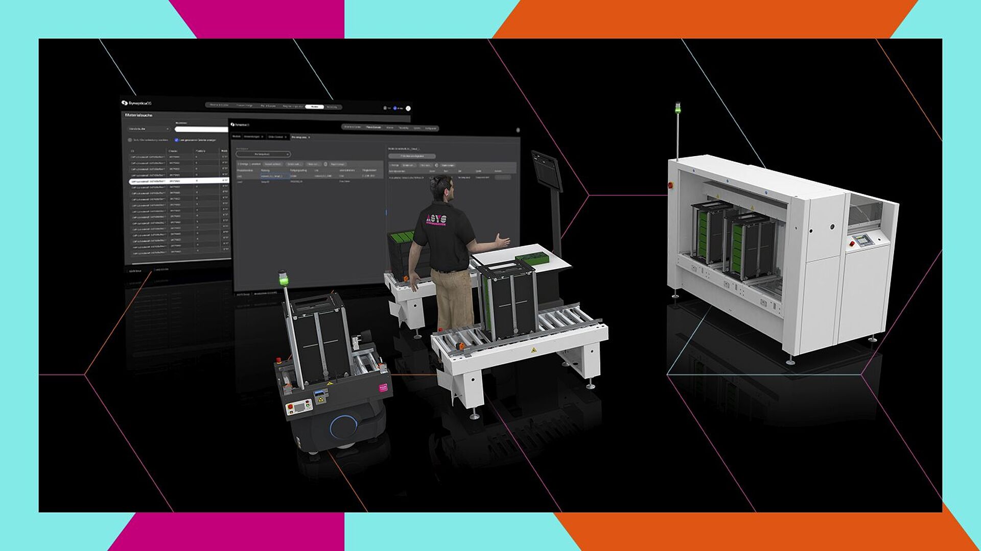 Two screens next to an AMR, a man standing between two handling machines.