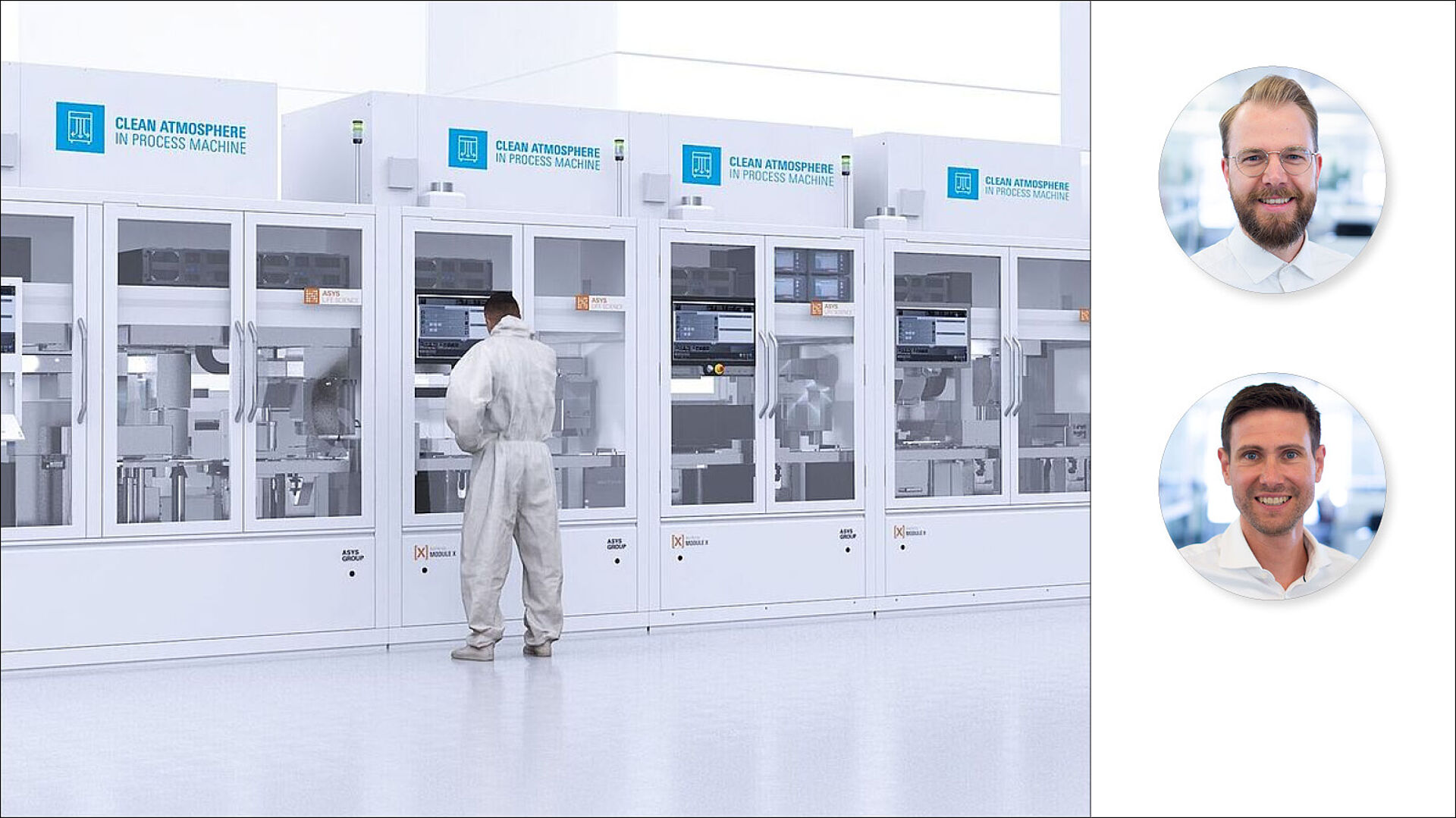 A man in front of cleanroom booths. Two staff photos next to them.