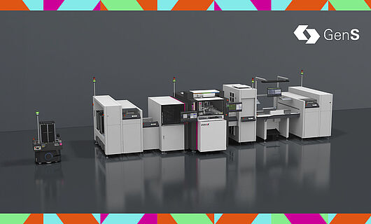 Machine line enclosed by a colorful border surrounding the entire setup.