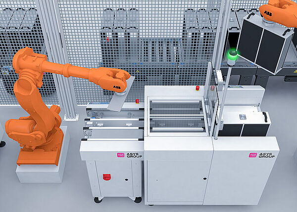 Handling machines with two orange grippers to the right and left of them. A gripper lifts a magazine. In the background, there is a grid behind which there is a conveyor belt with magazines.
