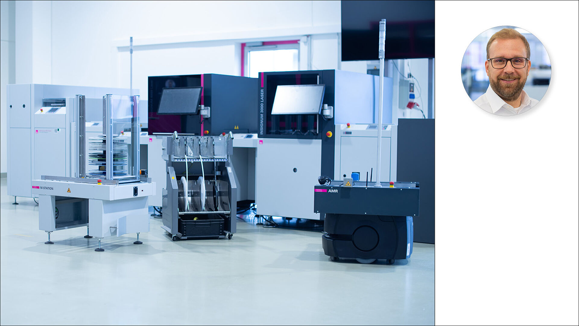 AMR and trolley in front of a machine line with a person pictured next to it.