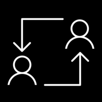 White pictogram of a person in the bottom left corner and one in the top right, connected by right-angled arrows in the other corners, rotating in one direction on a black background.