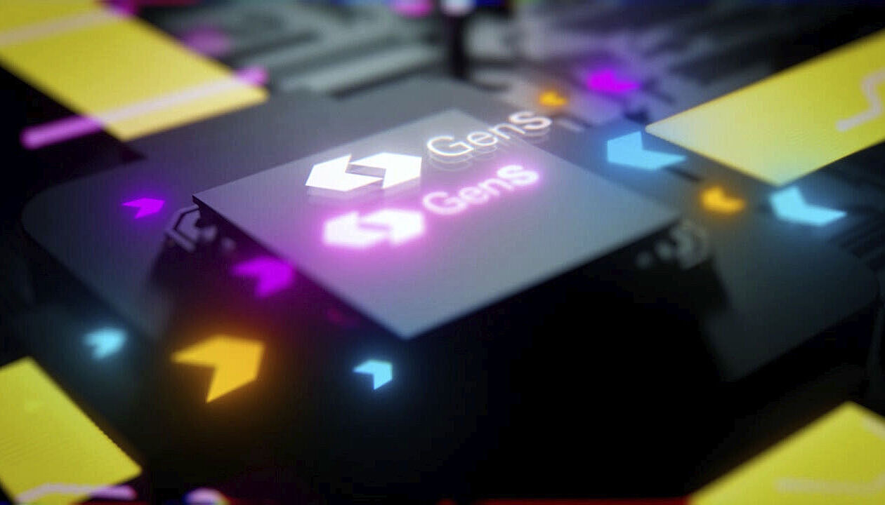 Black circuit board with colorful arrows and GenS lettering in the middle.