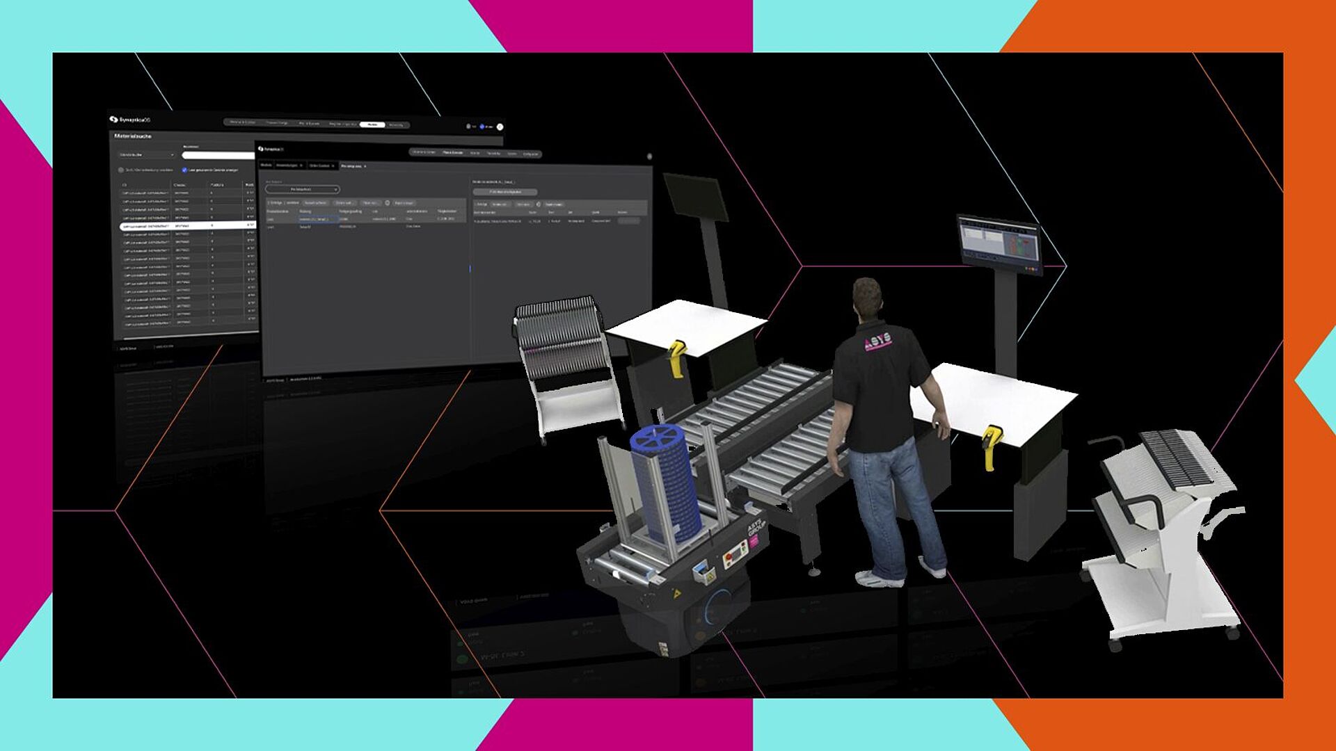 Two screens next to an AMR, a man standing between two handling machines.