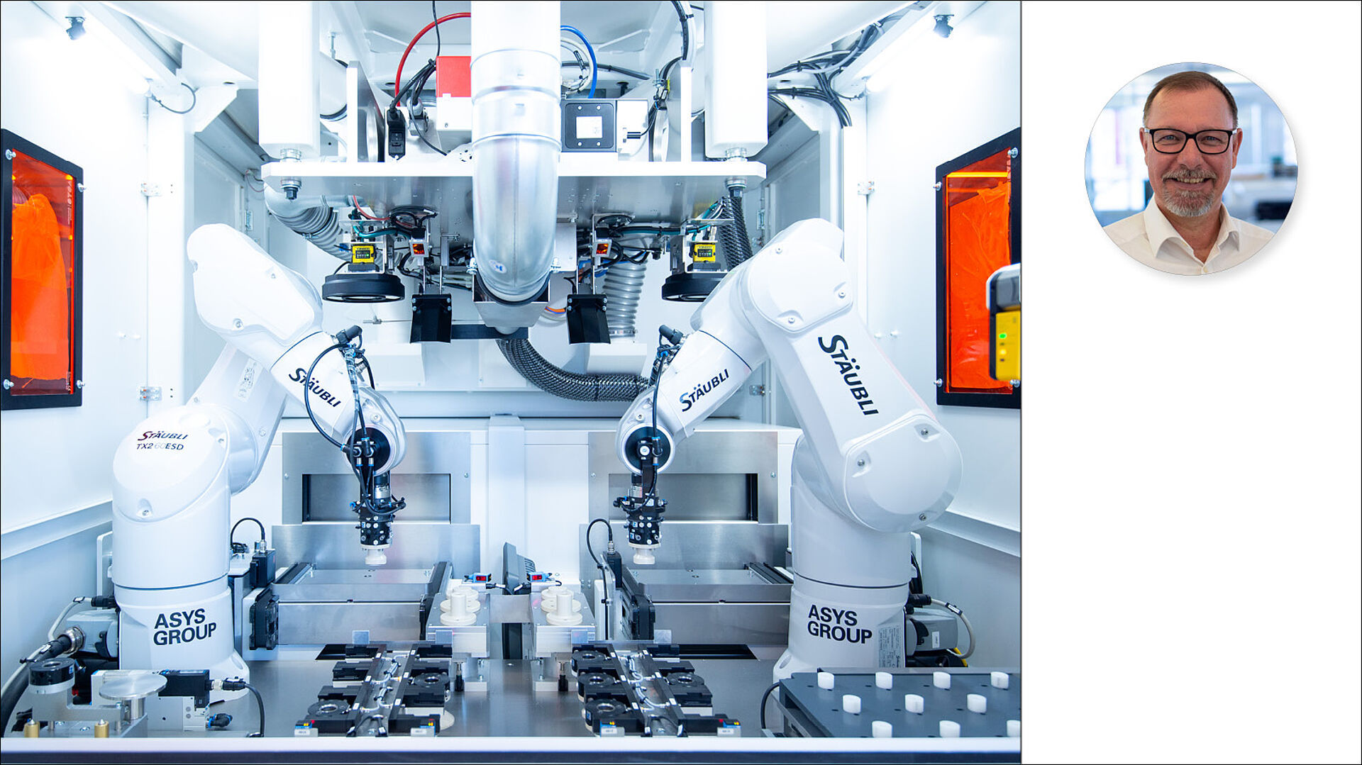 Interior view of a laser machine with a photo of a person next to it.