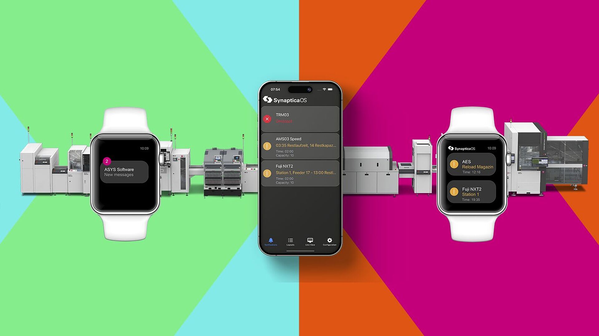 Image showing two smartwatches with a smartphone between them. A production line is visible in the background.