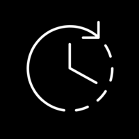 White pictogram of a clock with a dashed outline and an arrow rotating around it on black background.