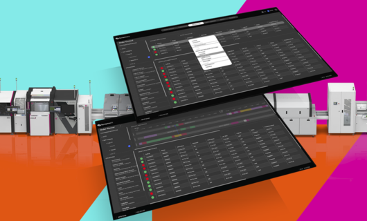 Two screens of the SynapticaOS software in front of a machine line. With turquoise, orange, and magenta background.