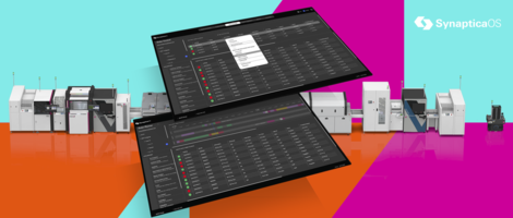 Two screens of the SynapticaOS software in front of a machine line. With turquoise, orange, and magenta background.