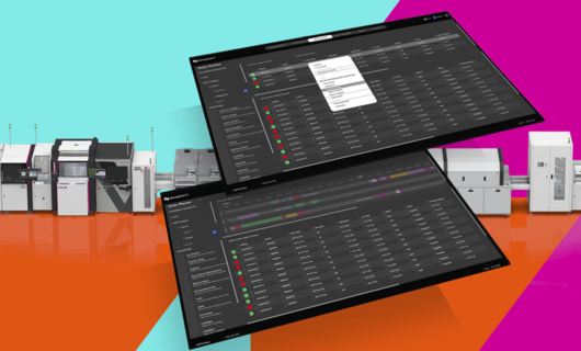 Two screens of the SynapticaOS software in front of a machine line. With turquoise, orange, and magenta background.
