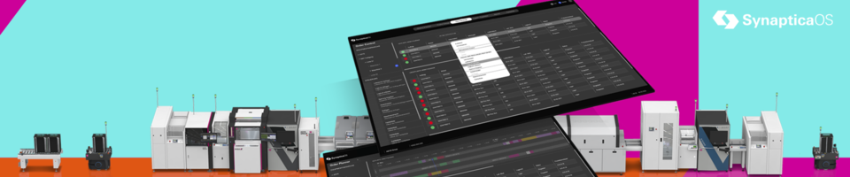 Zwei Screens von der SynapticaOS Software vor einer Maschinenlinie. Mit türkis, orangenem und magenta farbenem Hintergrund.