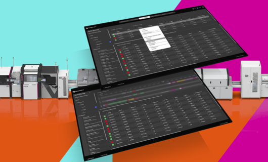 Two screens of the SynapticaOS software in front of a machine line. With turquoise, orange, and magenta background.
