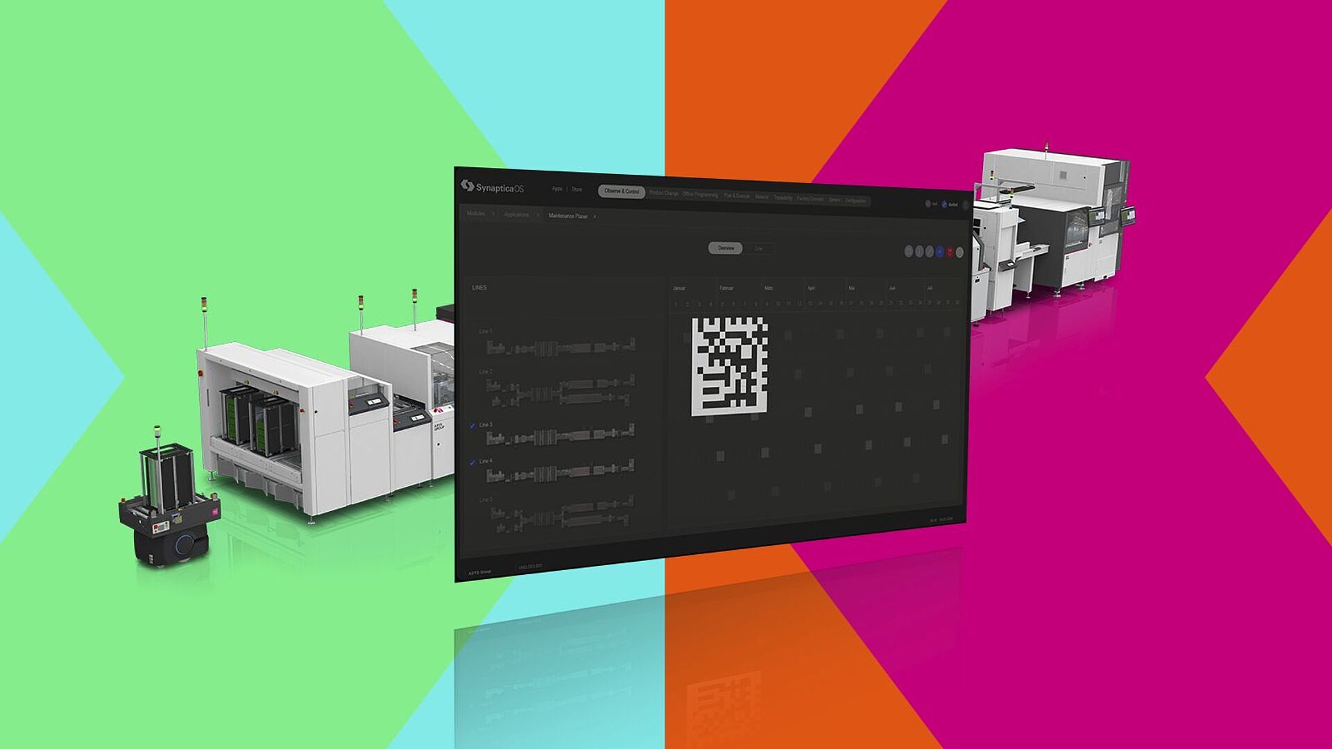 Graphic showing a screen in the center with a 2D code and a machine line in the background.