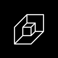 White pictogram of a cube positioned in the corner of a box on black background.