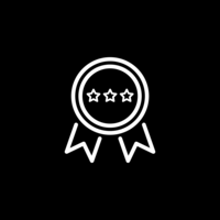 White pictogram of a medal with three stars side by side on black background.
