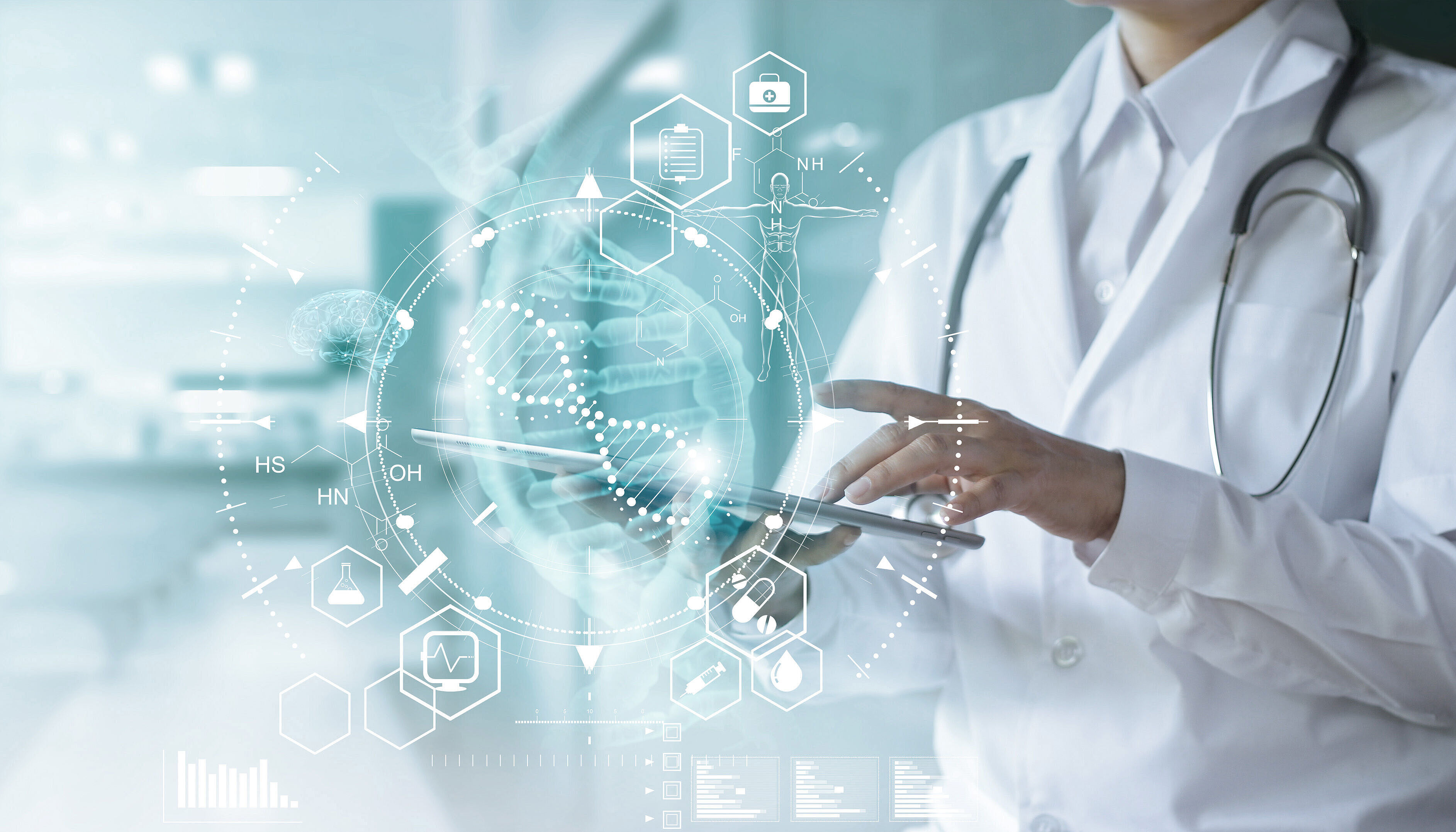 Woman in a doctor's coat taps her fingers on a touchpad, DNA strand and other health topics appear as holograms in front of her.