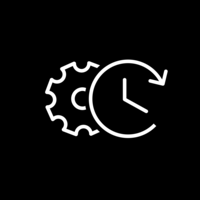 White pictogram of a gear and a clock with arrow for time control on black background.