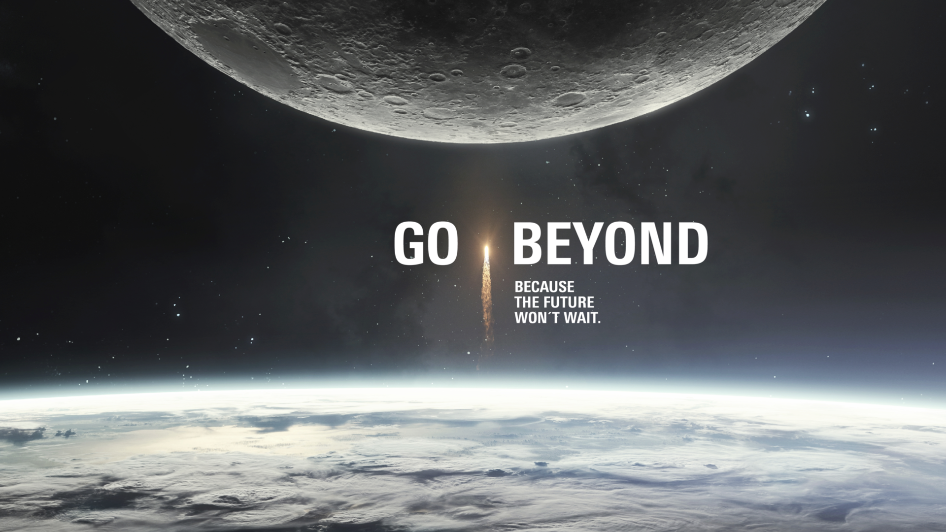 Image of space, with part of the moon at the top and the Earth's surface at the bottom. In the center is a rocket with the words “Go Beyond.”