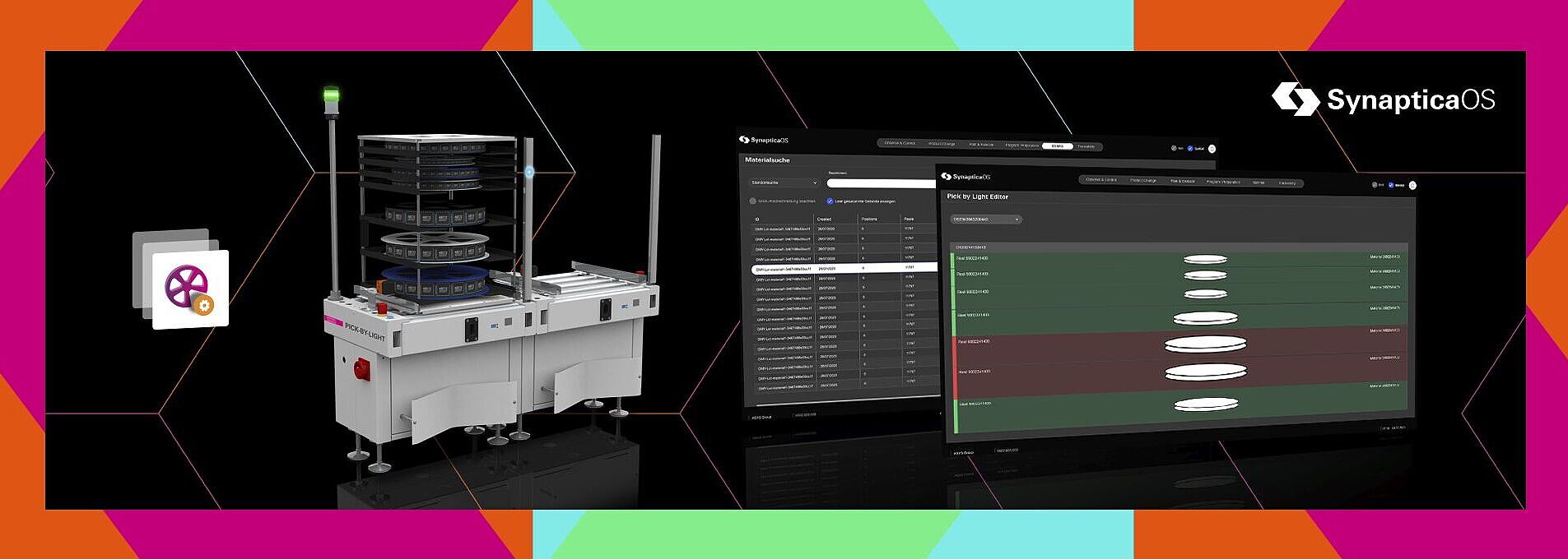 Handling module next to two screens.