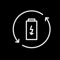 White pictogram of a battery with a jagged downward-pointing arrow in the center, surrounded by two arrows rotating in a circle on a black background.