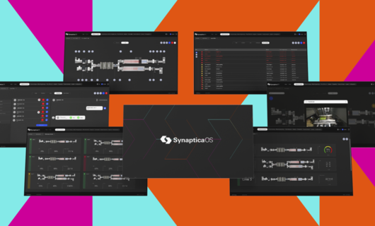 Multiple screens on a colorful background.