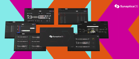Multiple screens on a colorful background.