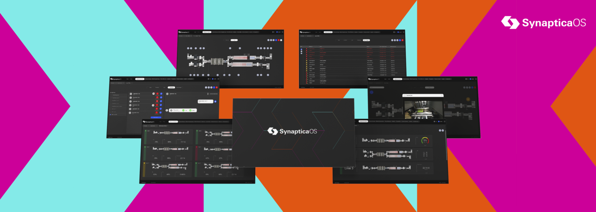 Multiple screens on a colorful background.