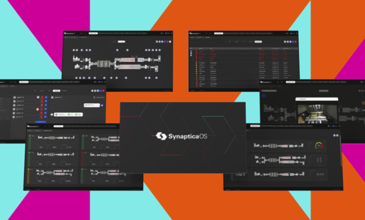 Multiple screens on a colorful background.